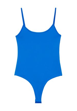 Maillot de bain une-pièce bleu avec fines bretelles et encolure arrondie, présenté sur fond blanc.