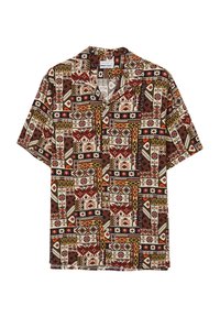 Camicia a maniche corte con bottoni caratterizzata da un motivo tribale multicolore con tonalità di rosso, marrone e crema. Tessuto morbido con una vestibilità rilassata.
