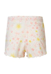Shorts en coton avec un ourlet festonné, présentant une base blanche et un motif floral dans des teintes de rose et de jaune. Ceinture élastique incluse.