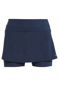 Marinblå sportkjol med ett lagerdesign, som har en åtsittande inre kortbyxa och en lös yttre del. Tillverkad av flexibelt och fuktavledande material.