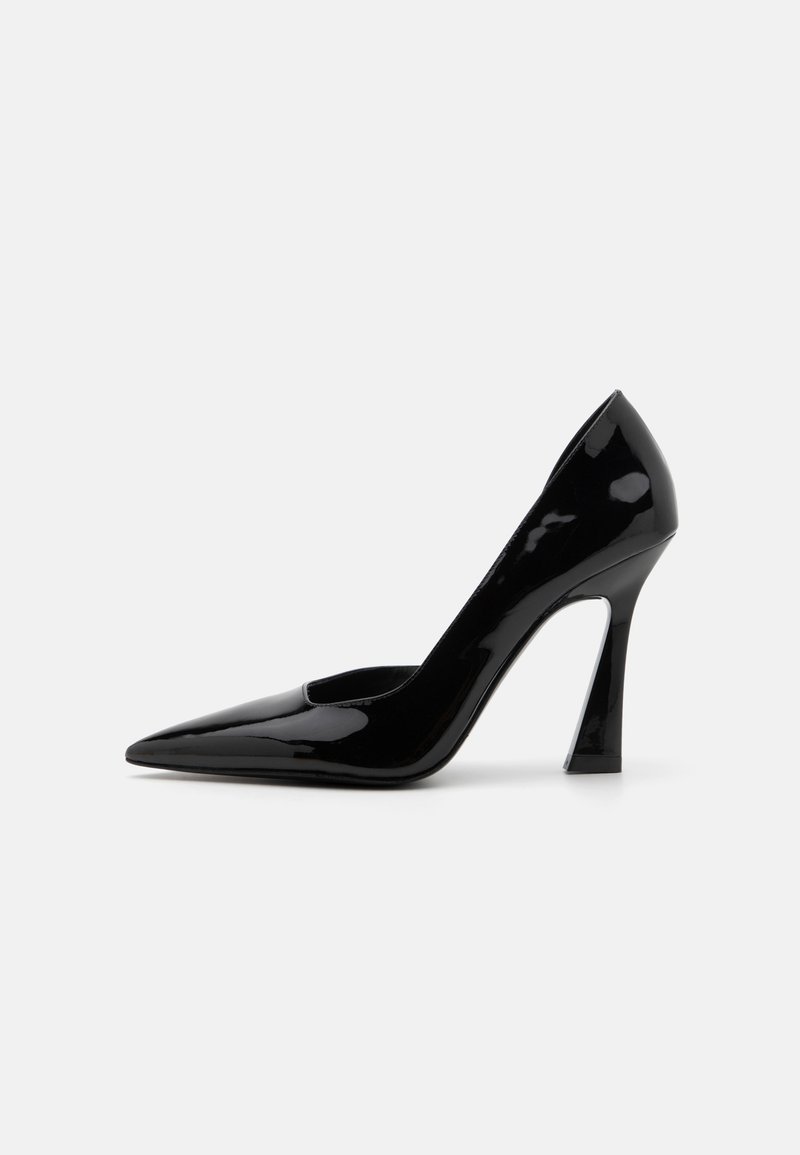 Black patent leather high-heeled pump with a pointed toe and an angular stiletto heel, featuring a smooth, shiny texture.