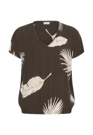 Blouse marron à col en V manches courtes avec imprimé de feuilles tropicales beige et ourlet légèrement froncé.