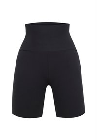 Zwarte hoge taille shorts van rekbaar materiaal, met een gladde textuur en een aansluitende pasvorm met een elastische tailleband.