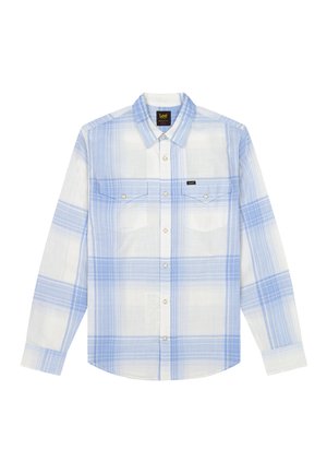 Marškiniai ilgomis rankovėmis su mygtukais, šviesiai mėlynos ir baltos languotos spalvos, dvi krūtinės kišenės su mygtukais ir stačiakampiu apykakle.