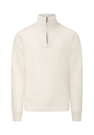 Off-white Zip-Pullover aus strukturiertem Strickmaterial, mit hohem Kragen und einem geometrischen Muster über den gesamten Stoff verteilt.