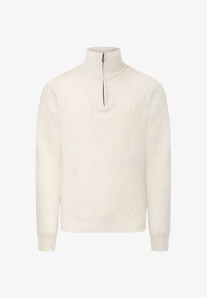Off-white Zip-Pullover aus strukturiertem Strickmaterial, mit hohem Kragen und einem geometrischen Muster über den gesamten Stoff verteilt.
