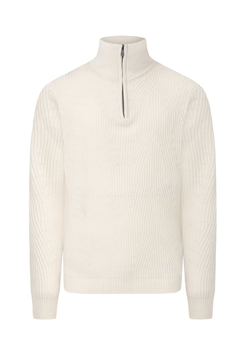 Off-white zip-hals sweater lavet af tekstureret strikmateriale, med en høj krave og et geometrisk mønster gennem hele stoffet.