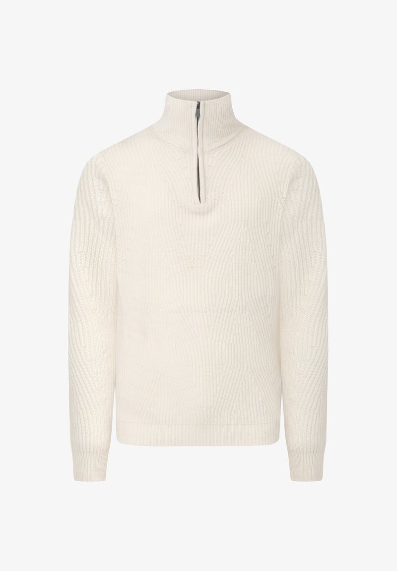 Off-white Zip-Pullover aus strukturiertem Strickmaterial, mit hohem Kragen und einem geometrischen Muster über den gesamten Stoff verteilt.