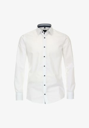 Hvid langærmet skjorte med en struktureret krave. Har en knaplukning med kontrasterende sorte knapper og et mønstret kravefor.