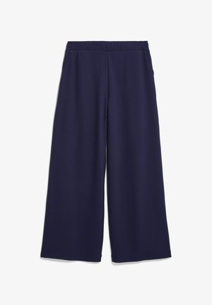 Marineblaue Hosen mit weitem Bein aus einem weichen, elastischen Stoff mit elastischem Bund. Verfügen über eine glatte Textur und eine lockere, fließende Silhouette.
