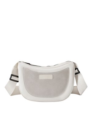 Borsa a tracolla bianca in pelle con finitura liscia e pannello frontale in suede grigio chiaro. Caratterizzata da una forma arrotondata, chiusura con zip e tracolla regolabile.
