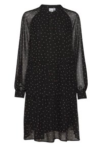 Černé šaty s dlouhými průhlednými rukávy a kulatým výstřihem. Mají zapínání na knoflíky a vrstevnatý design s malými béžovými puntíky.