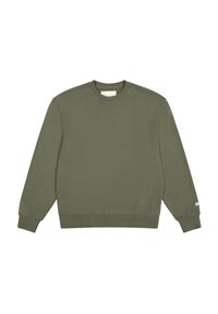 Felpa verde oliva, colletto tondo, maniche lunghe, polsini e orlo a costine, tessuto morbido con una leggera texture, presenta un piccolo logo sulla manica.