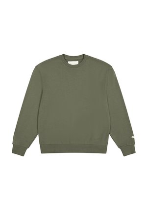 Sweatshirt vert olive, col rond, manches longues, bords côtelés aux poignets et à l'ourlet, tissu doux avec une subtile texture, avec un petit logo sur la manche.