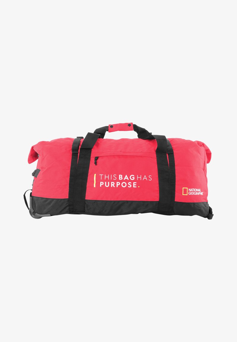 Red duffel bag with black accents, featuring dual handles and a front text label that reads "THIS BAG HAS PURPOSE." National Geographic logo displayed.