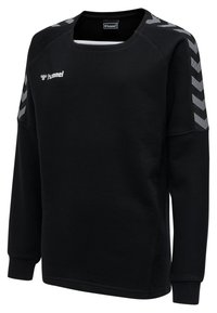 Felpa nera in cotone misto, con maniche lunghe, scollatura a girocollo e motivi a zigzag grigi a contrasto sulle spalle.