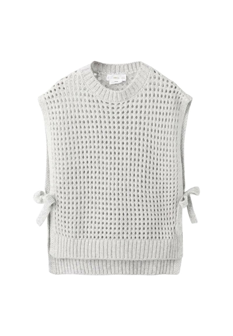 Svetlo sivi puli z mrežasto pletenim vzorcem odprtega šiva, ohlapen, škatlasti kroj, z zavihanimi robovi in stranskimi trakovi za zavezovanje.