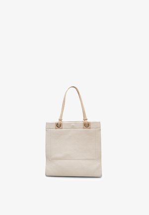 Leren draagtas in lichtbeige met een gestructureerd oppervlak, voorzien van twee lange handvatten en een voorvak voor extra functionaliteit.