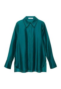Teal satijnen blouse met een puntsluiting, lange mouwen en een gebogen zoom. Heeft een knoopsluiting aan de voorkant en een gladde, glanzende textuur.