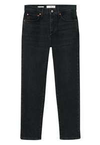 Jean noir taille haute à jambes droites, avec bouton et fermeture éclair devant, et design cinq poches, étalé à plat sur un fond blanc.
