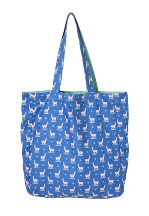 Niebieska torba materiałowa z różowo-białym wzorem lamy i pasującymi niebieskimi uchwytami.
