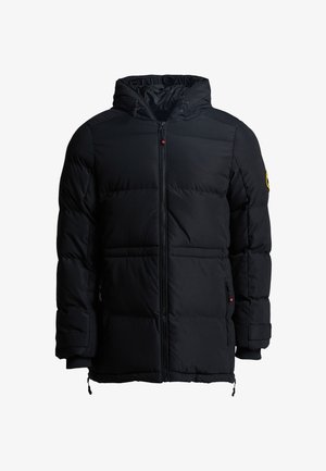 Schwarze Pufferjacke mit Kapuze, ausgestattet mit einem Frontreißverschluss, Seitentaschen und elastischen Bündchen; leichtes Material mit gestepptem Textur.