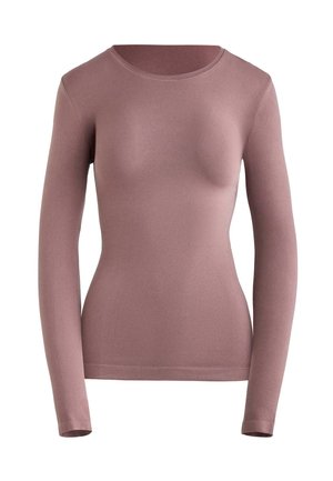 Top cu mâneci lungi, croială mulată, cu gât rotund, de culoare mov pal, dintr-un material neted, fără modele sau ornamente vizibile.