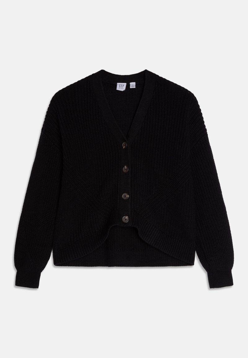 Cardigan noir en grosse maille avec manches longues, col en V, fermeture boutonnée devant et poignets et ourlet côtelés.