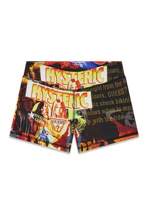 Bunte Boxershorts mit Pop-Art-Stil Grafiken, die das Wort "HYSTERIC", weibliche Gesichter und ein "GUESS?"-Logo in Rot-, Gelb- und Schwarztönen zeigen.