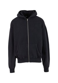 Temno modra zip-up kapuca iz mehkega materiala, s kapuco, sprednjimi žepi ter rebrastimi manšeti in robom. Diskreten logotip na prsih.