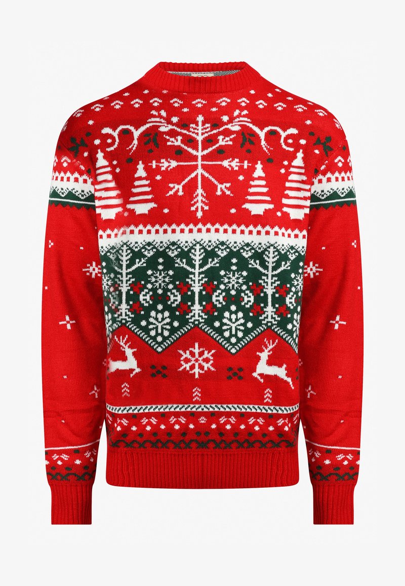 Pull en tricot rouge avec des motifs d'hiver en blanc et vert, comprenant des arbres, des flocons de neige et des rennes. Design classique à encolure ras du cou.