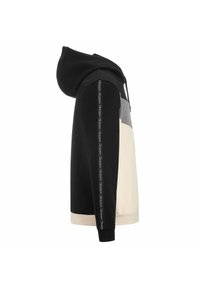 Sudadera con capucha de color negro en el cuerpo, panel de hombro gris y sección inferior color crema. Presenta cinta con logotipo contrastante a lo largo de las mangas.