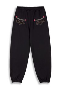 Pantalones de chándal negros con cintura elástica y puños recogidos. Presentan bordados decorativos con acentos en dorado y rosa en los bolsillos.