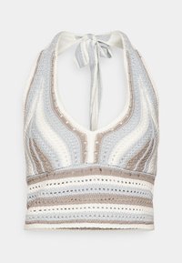 Heklet halterneck-topp med lyseblå, beige og hvite striper, dyp V-hals og knyttet bak. Åpen vevet tekstur gjennom hele.