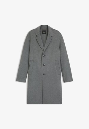 Grauer Mantel aus Wollmischung mit strukturiertem Design, Revers mit Kerbkragen, drei Knöpfen und Seitentaschen. Glatte Textur, knielanger Schnitt.