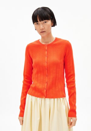 Orange ribbed cardigan with long sleeves and a round neckline. Features a row of buttons down the front and a fitted silhouette.