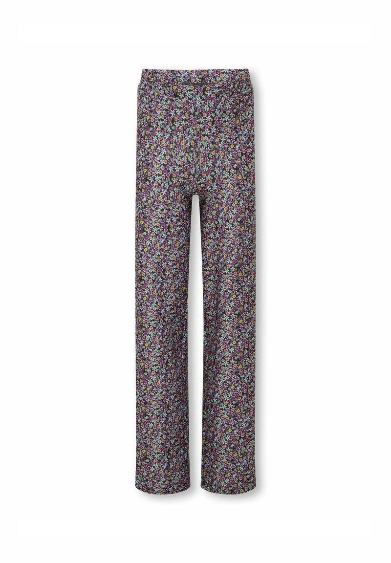 Bloemenprint broek met een wijde pijp ontwerp. Heeft een donkere achtergrond met kleurrijke kleine bloemen, gemaakt van lichtgewicht stof.
