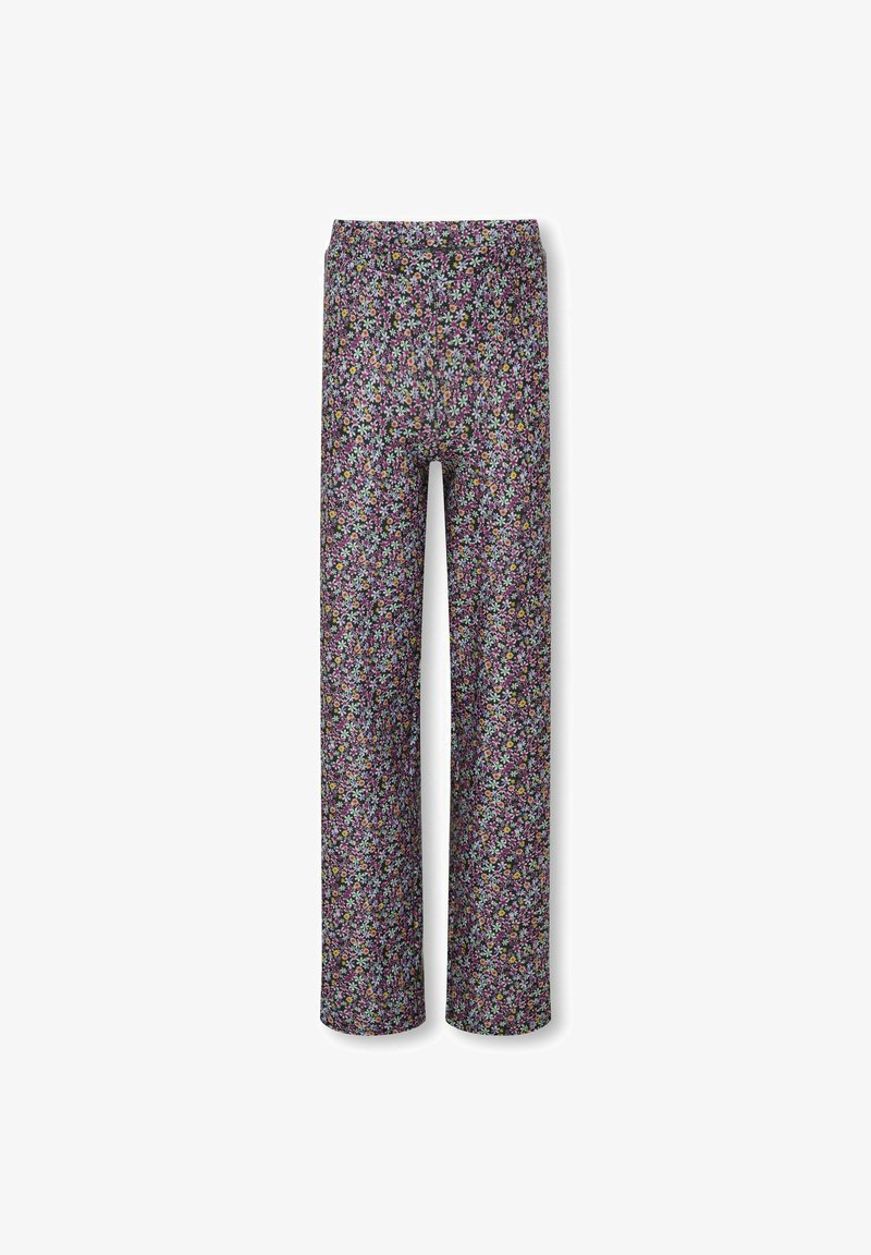Bloemenprint broek met een wijde pijp ontwerp. Heeft een donkere achtergrond met kleurrijke kleine bloemen, gemaakt van lichtgewicht stof.