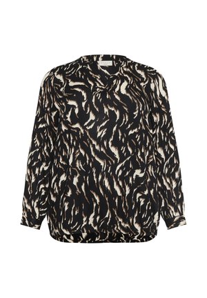 Black long-sleeve blouse featuring a wavy beige and white animal print. Made from lightweight fabric with a loose fit and V-neck design.