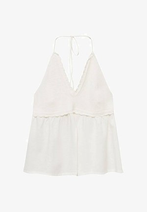 White halter top with a deep V-neck, featuring scalloped edges and a loose, flowing design. Made from lightweight fabric.