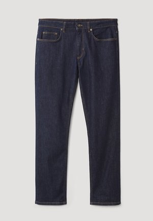 Dunkelblaue Jeans aus Denim mit klassischem Schnitt. Verfügt über fünf Taschen, kontrastierende Nähte, Knopfverschluss und gerades Bein.
