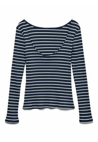 Långärmad, marinblå ribbad topp med vita horisontella ränder; har en bred rund halsringning och en figursydd siluett.