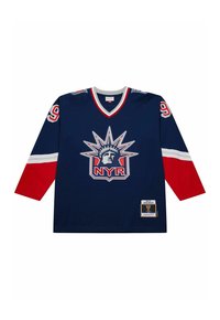 Marineblaues Hockeytrikot mit roten Ärmeln, weißen Streifen, der Nummer 99 auf den Schultern und dem Logo der Freiheitstatue mit "NYR" auf der Vorderseite.