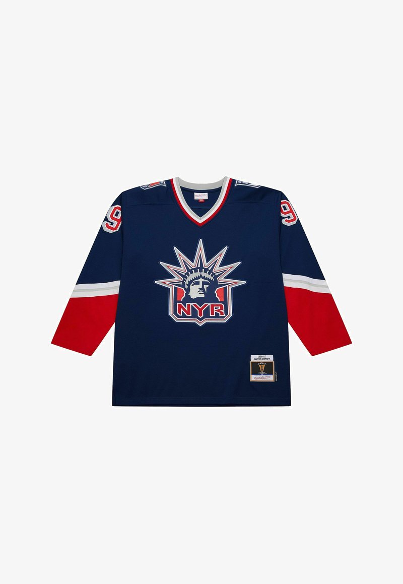 Marineblaues Hockeytrikot mit roten Ärmeln, weißen Streifen, der Nummer 99 auf den Schultern und dem Logo der Freiheitstatue mit "NYR" auf der Vorderseite.