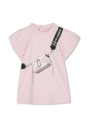 Hellrosa kurzärmeliges Kleinkindkleid mit Puffärmeln und bedrucktem Motiv einer Umhängetasche mit Blumenmotiv und schwarzem Träger.