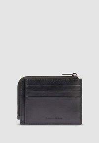 Portafoglio in pelle nera con più scomparti per carte, comparto con zip e superficie liscia. Design semplice, forma compatta, marchio impresso.