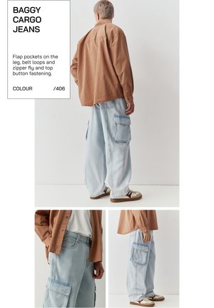 Mann trägt hellblaue, lockere Cargo-Jeans mit Klappentaschen, Gürtelschlaufen und Reißverschluss sowie ein braun kariertes Hemd, dargestellt von hinten und von der Seite.