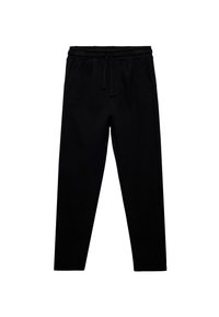 Sorte joggingbukser lavet af blødt stof med elastisk talje, snøre og sidelommer. Tapered ben-design.