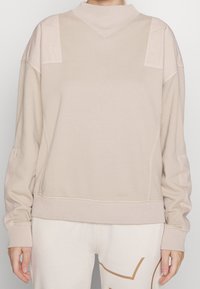 Beiger Sweatshirt mit Rundhalsausschnitt, strukturierten Schulterpaneelen, gerippten Bündchen und Saum; glattes Material mit lockerem Schnitt, minimalistisches Design.
