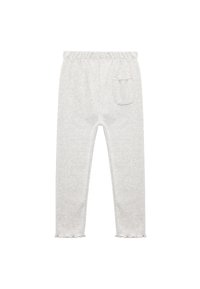 Lichtgrijze katoenen leggings met een comfortabele elastische tailleband, gegolfde enkelboorden en een klein patchzakje op de achterkant.